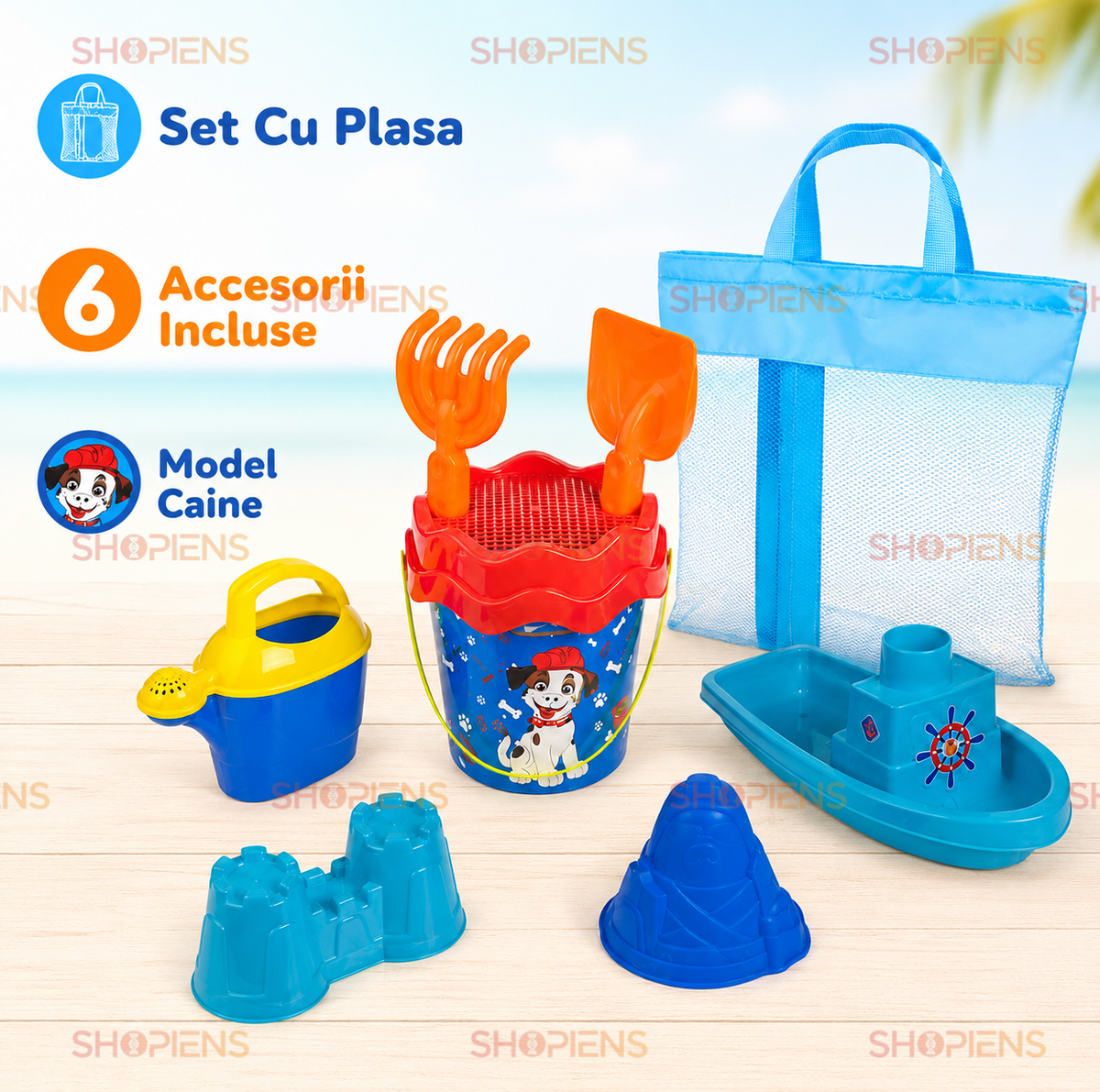 Set 8 Piese Plaja Copii Cu Plasa Transport Galetusa Vaporas Stropitoare Lopatica Grebla Si Forme