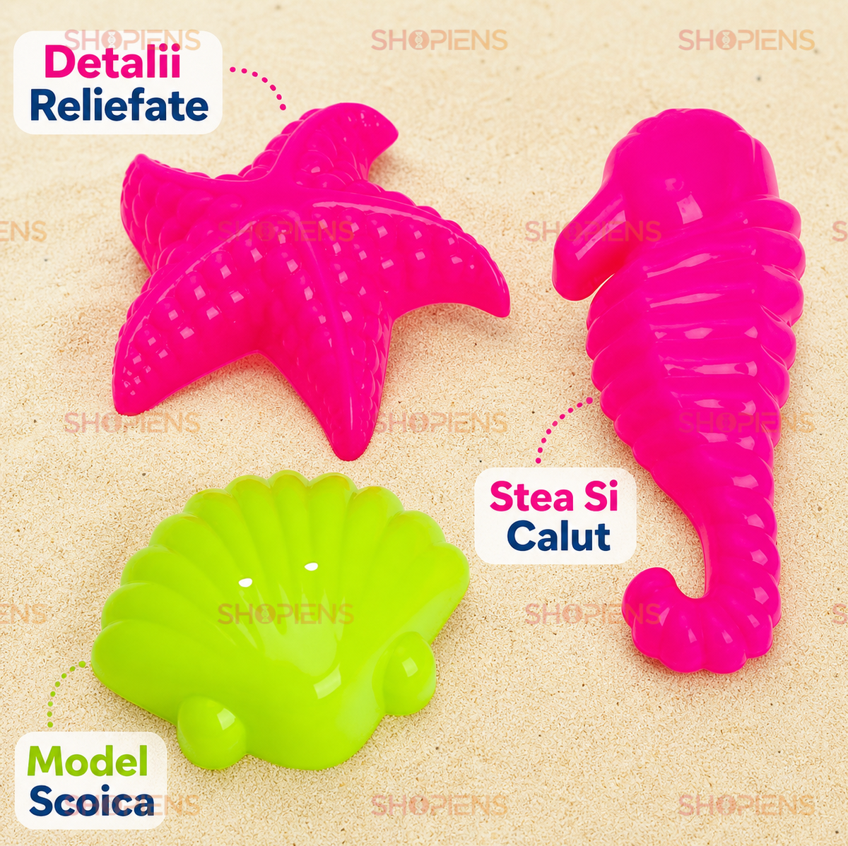 Set 3 Forme Nisip Copii Scoica Steluta De Mare Si Calut De Mare Din Plastic Pentru Plaja