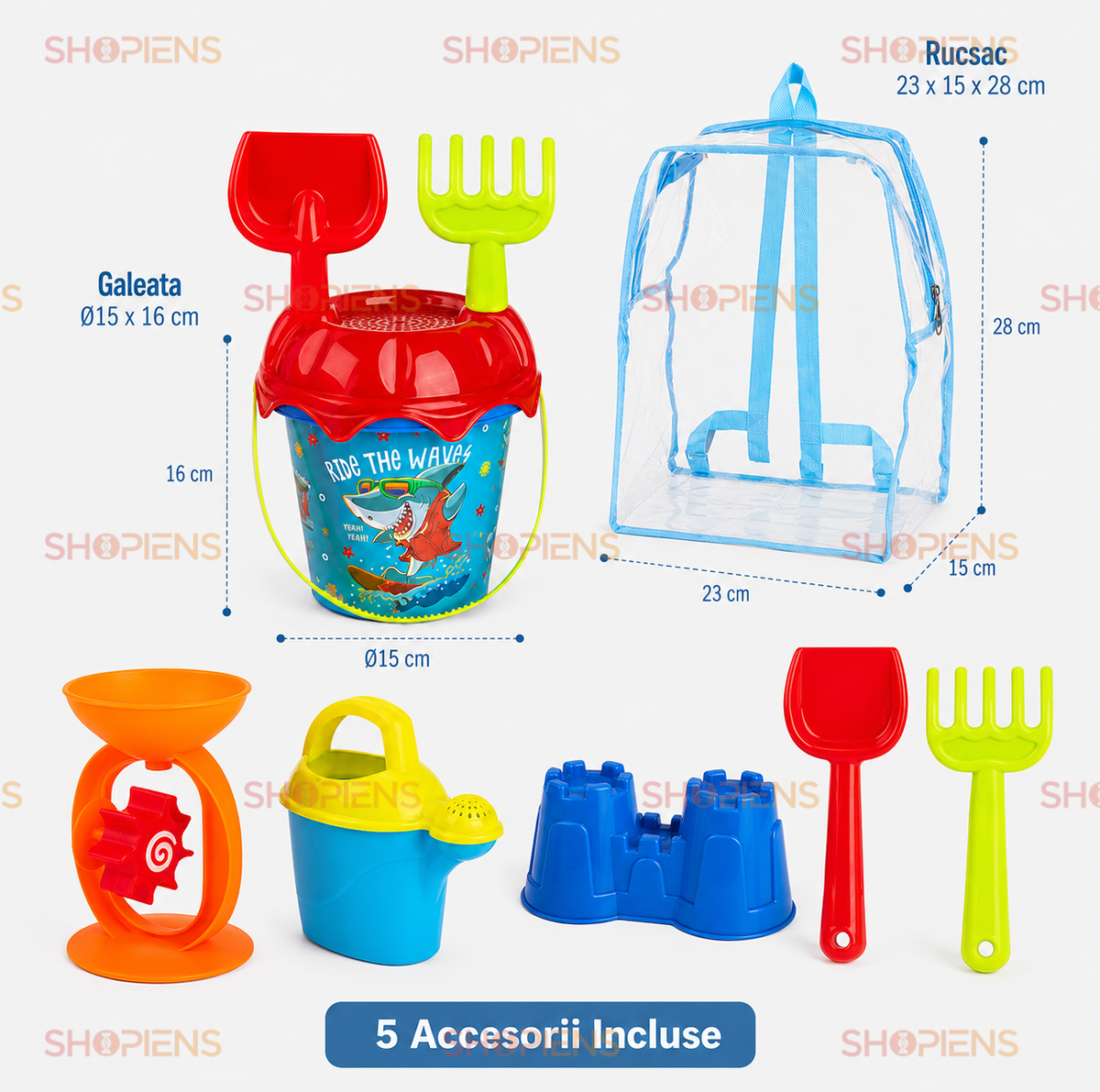 Set 7 Piese Plaja Copii Cu Ghiozdan Transparent Galetusa Rechin Moara Stropitoare Si Forma Castel