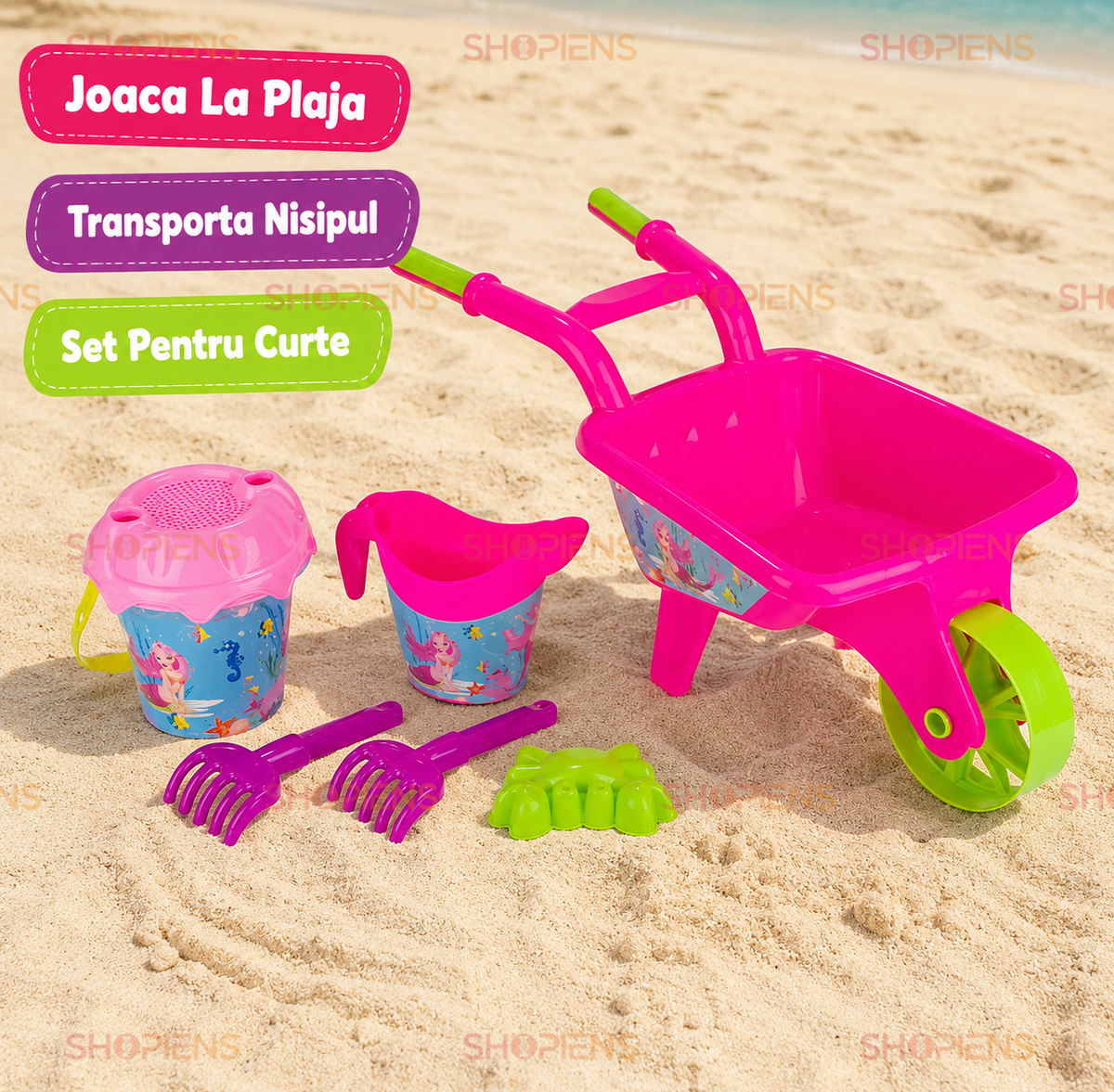 Set Roaba Roz Cu 5 Accesorii Plaja Copii Model Sirena 30x27x26 cm Galeata Cana Greble Forma Crab
