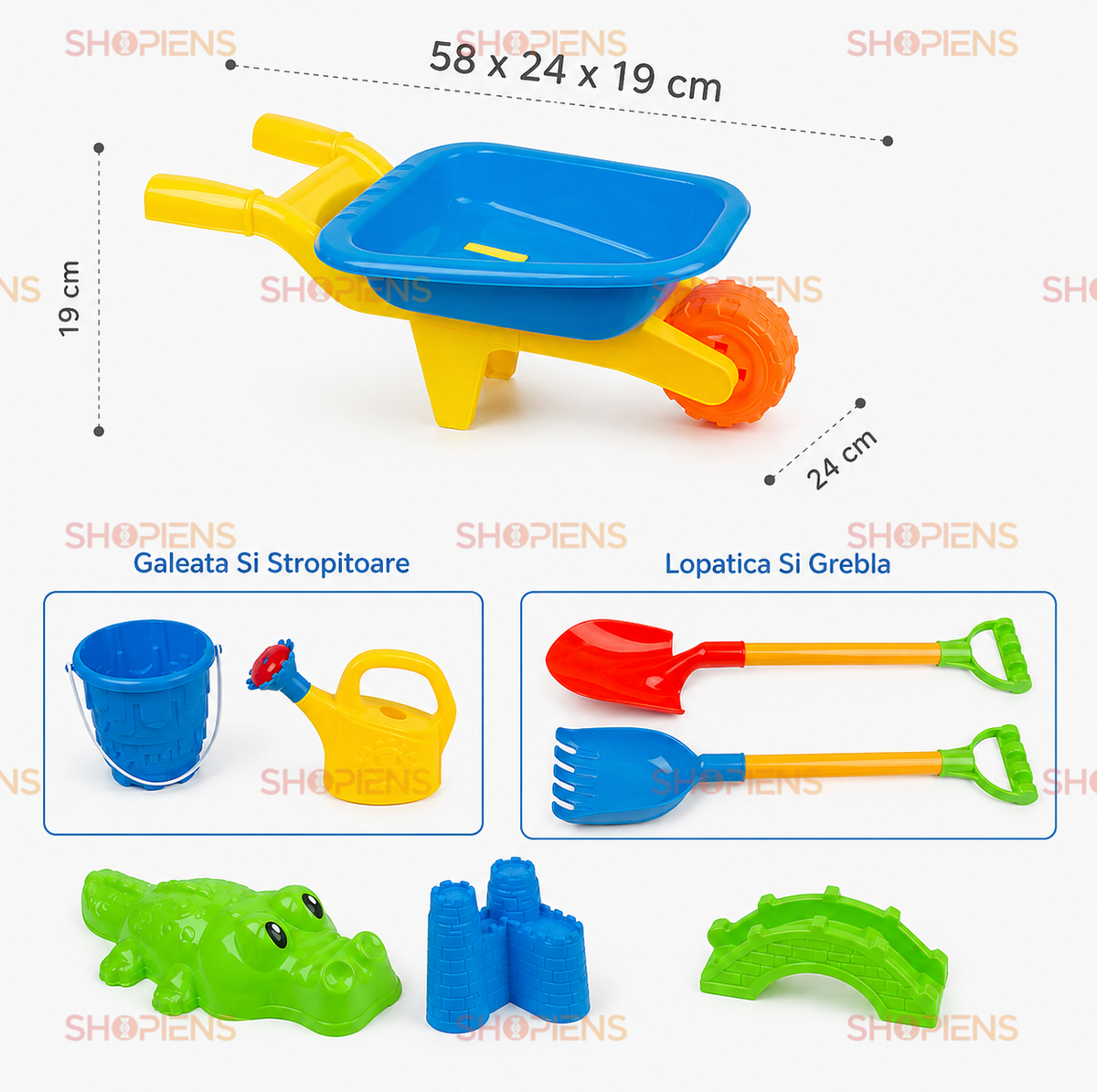 Set Roaba Cu 7 Accesorii De Plaja Pentru Copii 58x24x19 cm Galeata Stropitoare Si Forme