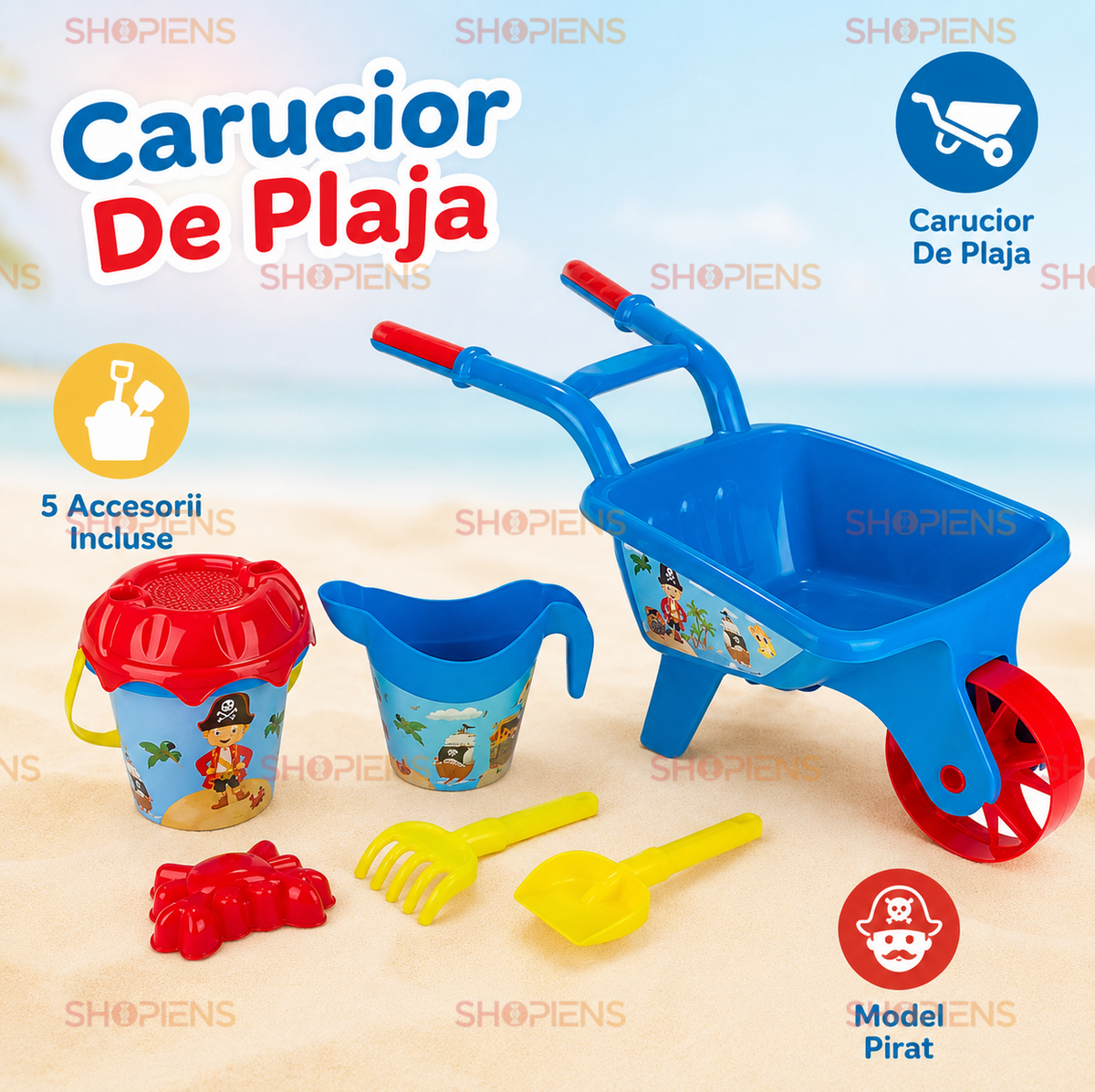 Set Roaba Cu 5 Accesorii Plaja Copii Model Pirati 30x27x26 cm Galeata Cana Lopatica Grebla Forma Crab