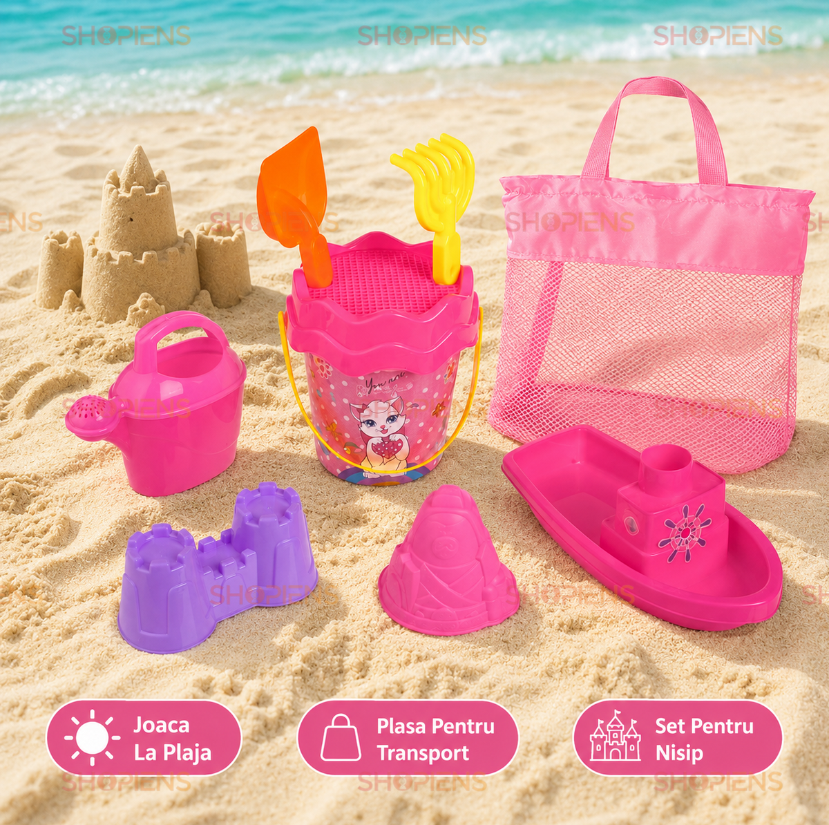 Set Plasa Roz Cu 7 Accesorii Plaja Copii 33x11x35 cm Galetusa Pisicuta Vaporas Stropitoare Si Forme