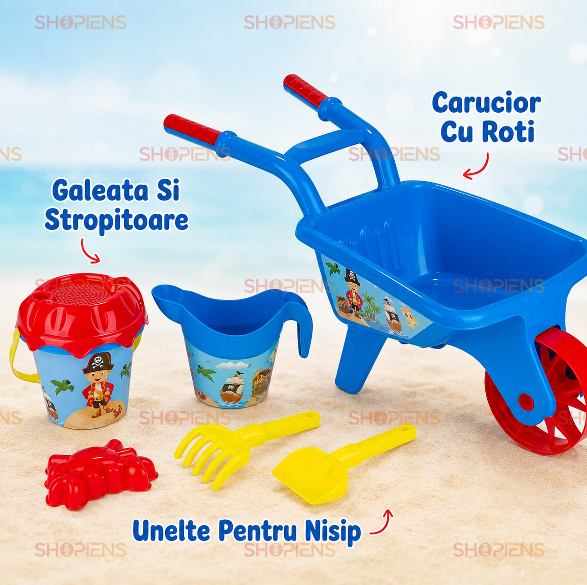 Set Roaba Cu 5 Accesorii Plaja Copii Model Pirati 30x27x26 cm Galeata Cana Lopatica Grebla Forma Crab