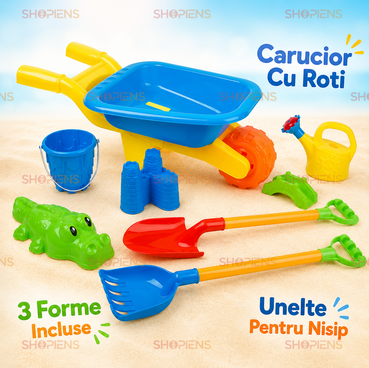 Set Roaba Cu 7 Accesorii De Plaja Pentru Copii 58x24x19 cm Galeata Stropitoare Si Forme