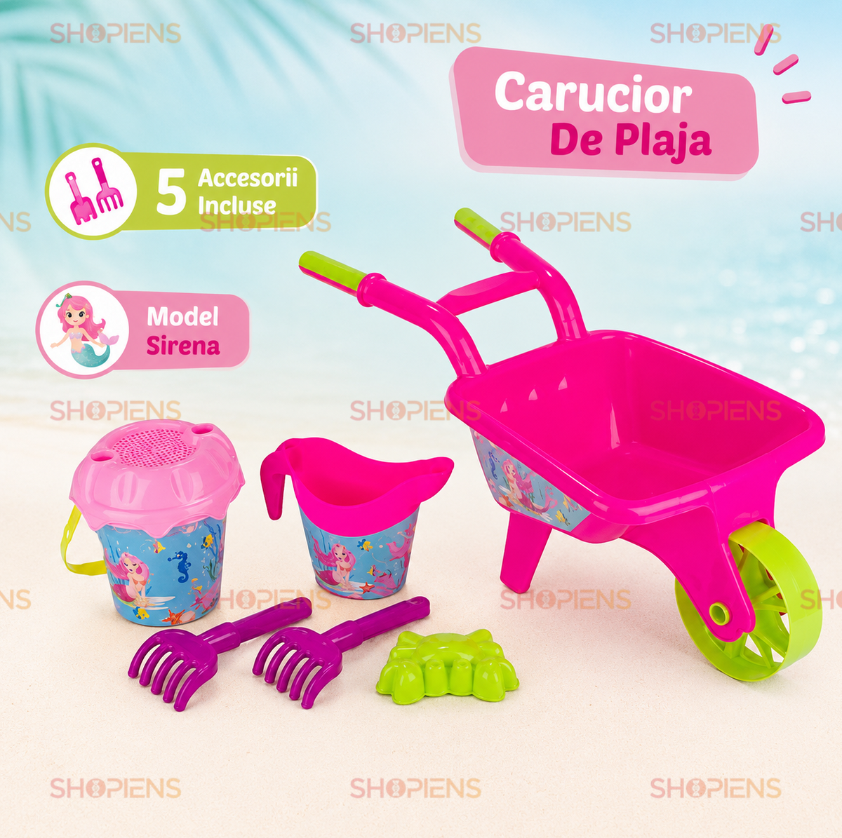 Set Roaba Roz Cu 5 Accesorii Plaja Copii Model Sirena 30x27x26 cm Galeata Cana Greble Forma Crab