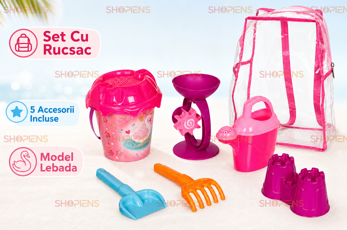 Set Ghiozdan Transparent Roz Cu 6 Accesorii Plaja Copii Galetusa Lebada Moara Stropitoare Si Castel