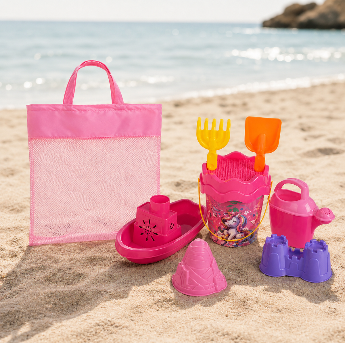 Set Plasa Roz Cu 7 Accesorii De Plaja Copii 37x20x42 cm Galetusa Unicorn Vaporas Si Forme