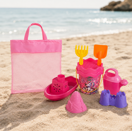 Set Plasa Roz Cu 7 Accesorii De Plaja Copii 37x20x42 cm Galetusa Unicorn Vaporas Si Forme