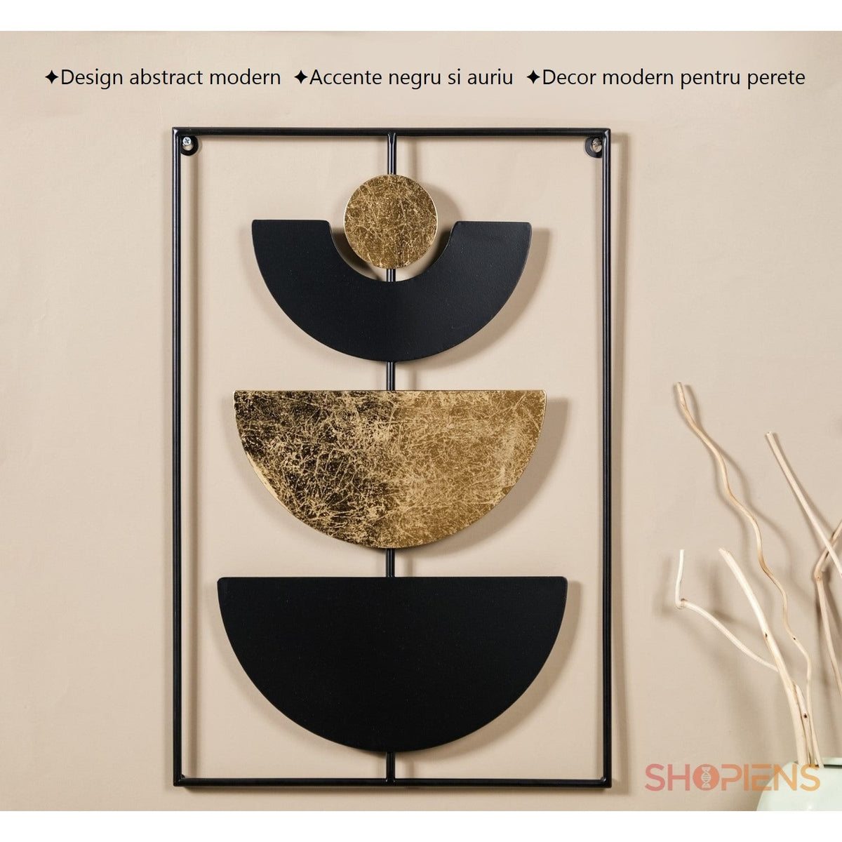 Decorațiune metalică de perete cu semicercuri negru și auriu, 40x60 cm Shopiens – vedere din față cu caracteristici
