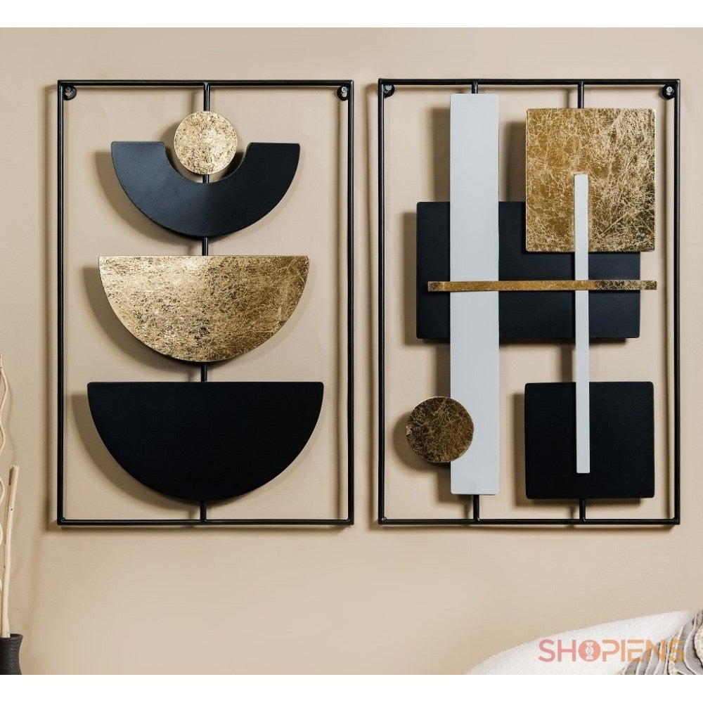 Decorațiune metalică de perete cu semicercuri negru și auriu, 40x60 cm Shopiens – alături de tabloul metalic abstract din aceeași serie