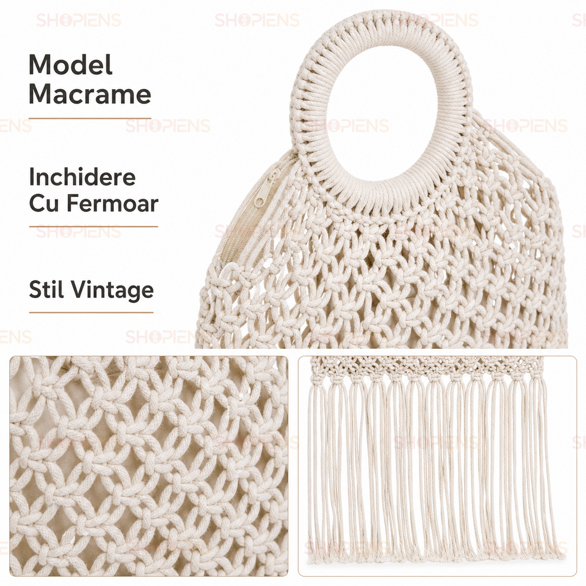 Poseta Macrame Ecru Cu Franjuri Lungi Si Maner Rotund