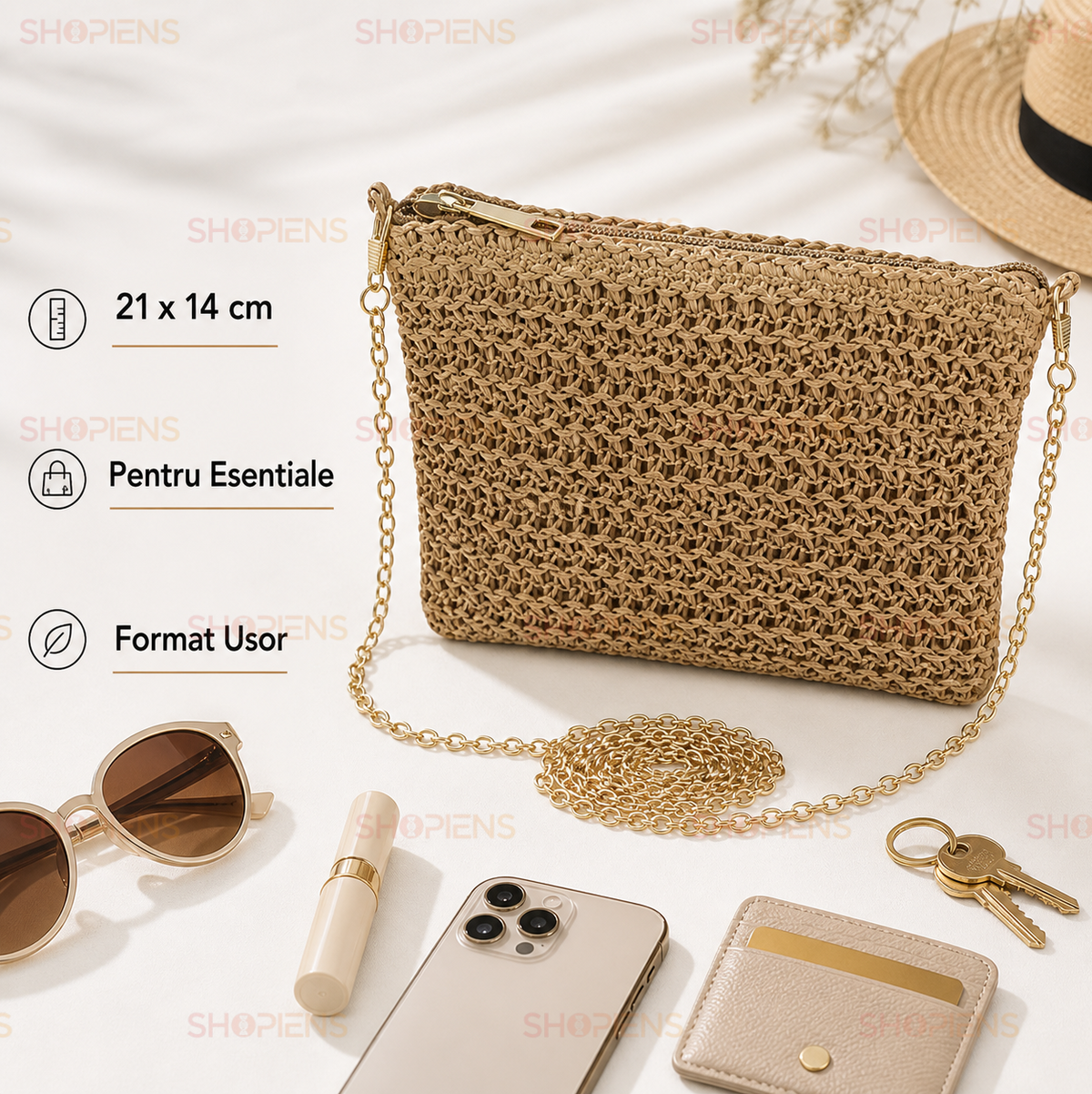 Plic Crossbody Din Paie Natur Cu Lant Auriu Detasabil