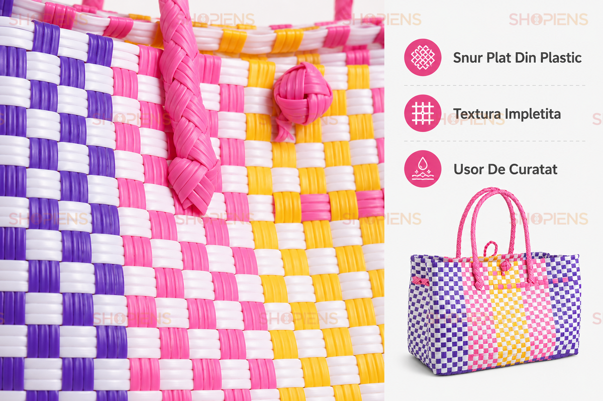 Geanta Tip Cos Multicolor Impletit Pentru Plaja Si Vara