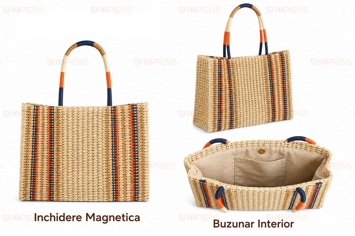 Shopper Estival Din Paie Bej Cu Dungi Colorate Si Manere Impletite