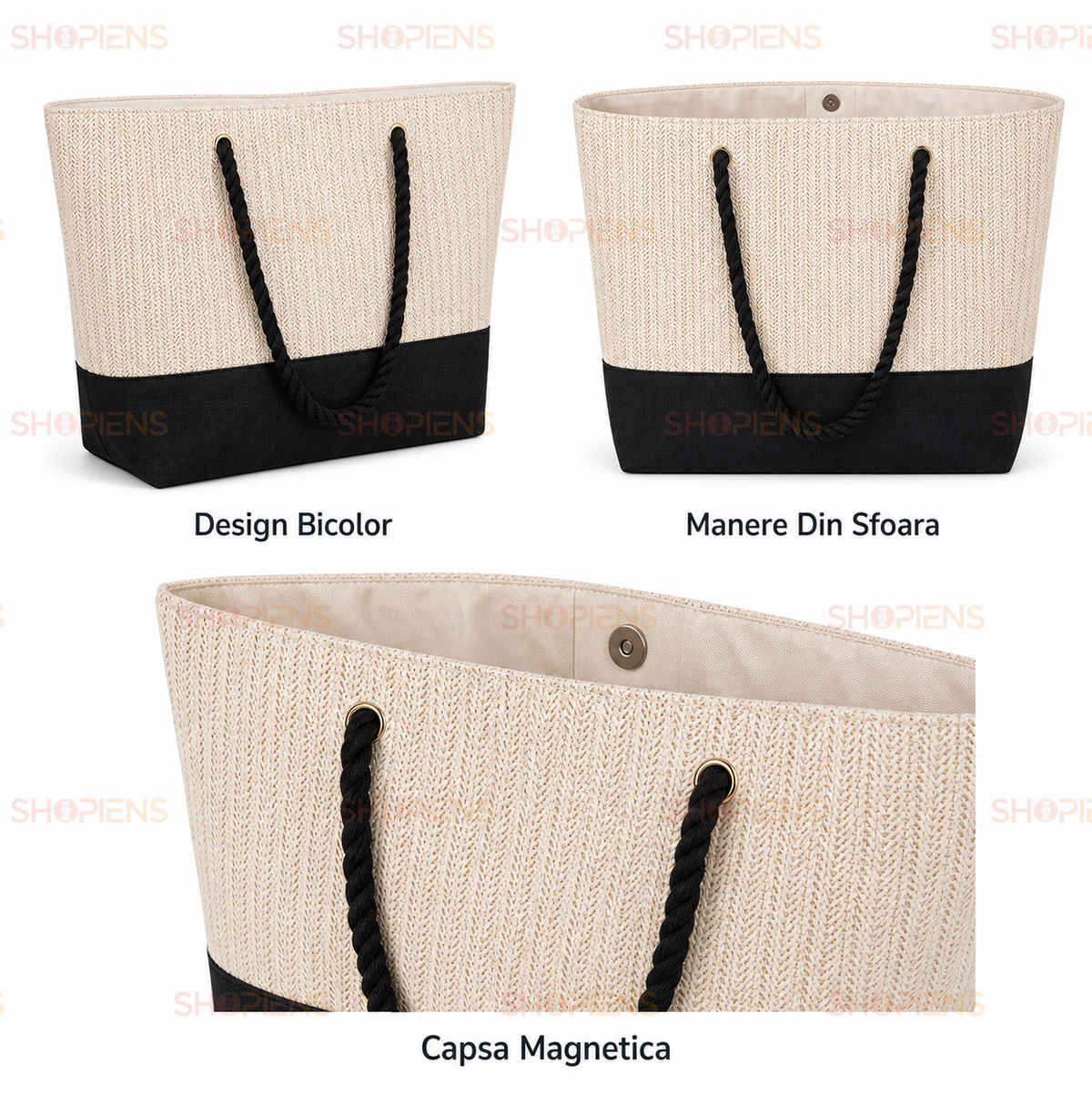 Shopper De Plaja Ecru-Negru Cu Manere Din Sfoara