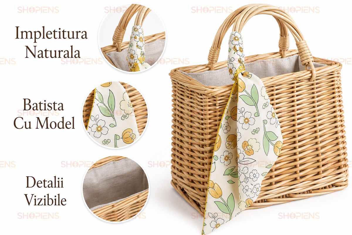 Geanta Tip Cos De Mana Din Paie Cu Batista Florala Pentru Vara