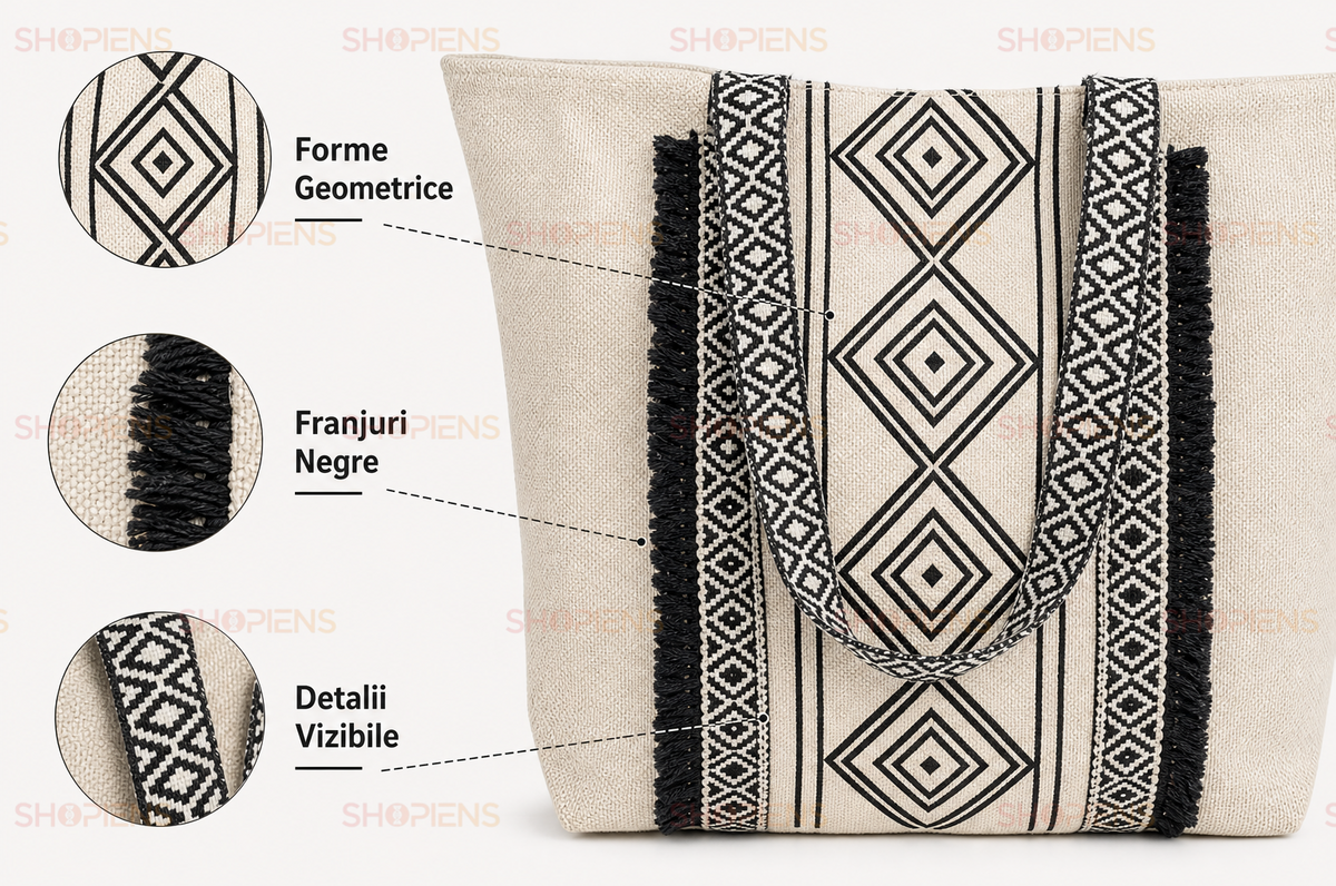 Tote Ecru Cu Model Geometric Negru Si Franjuri Laterali
