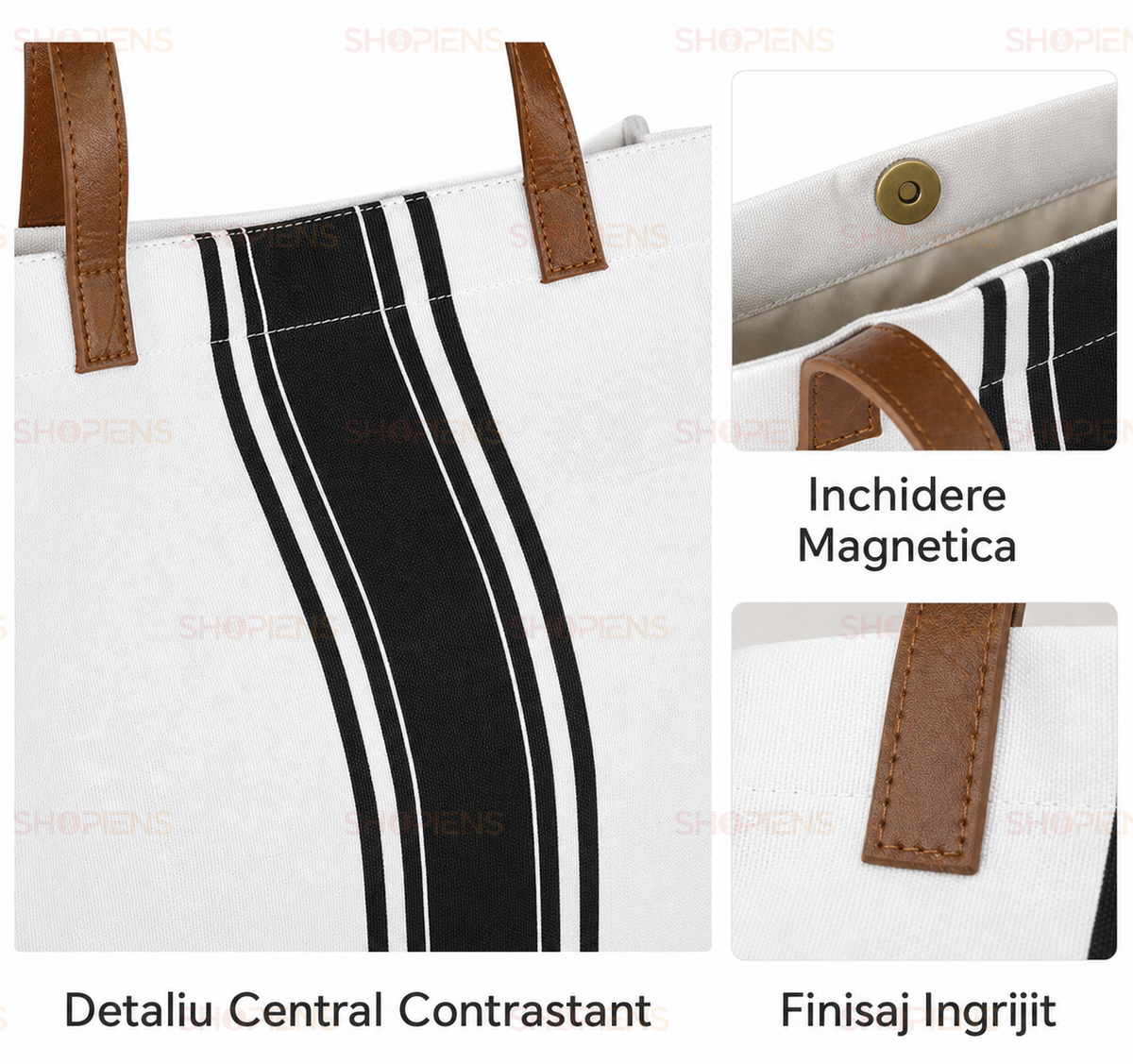 Tote Alba Minimalista Cu Dungi Negre Centrale Si Manere Maro