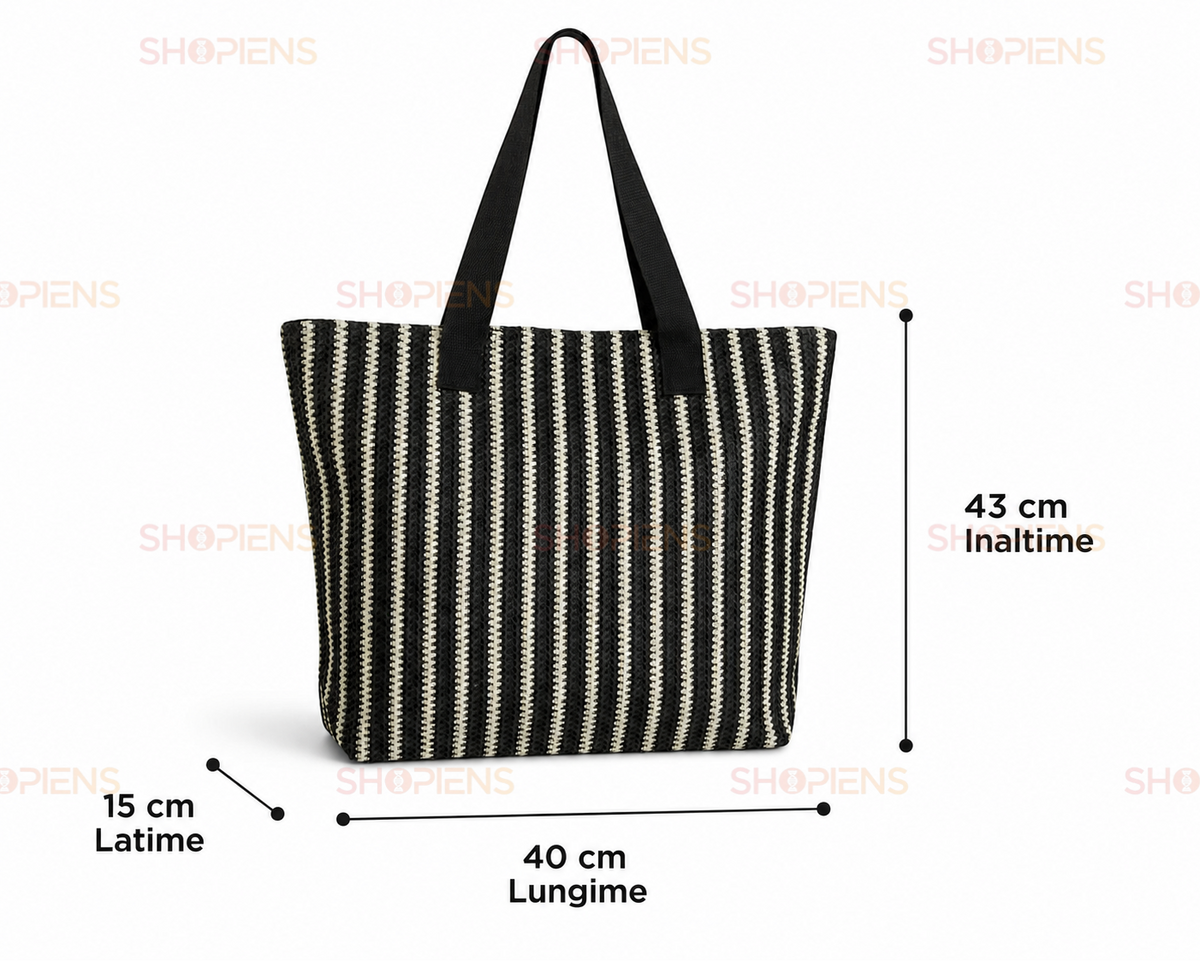 Tote De Plaja Negru Cu Linii Albe Si Manere Textile