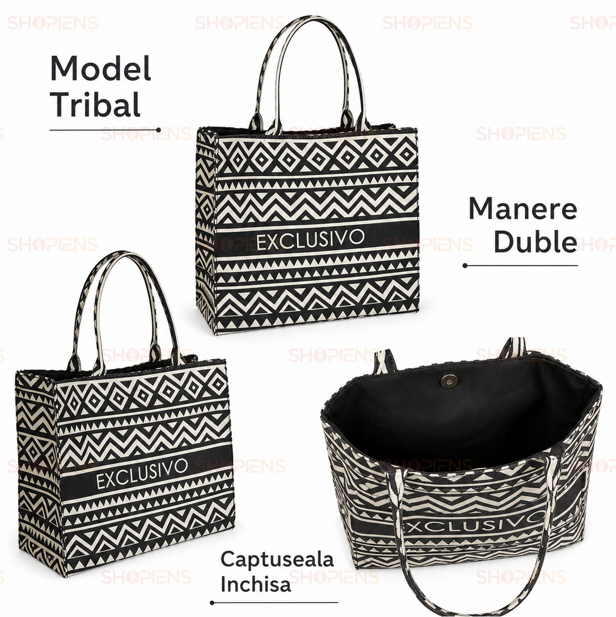 Geanta Shopper Textila Neagra Cu Model Tribal Si Inchidere Capsa