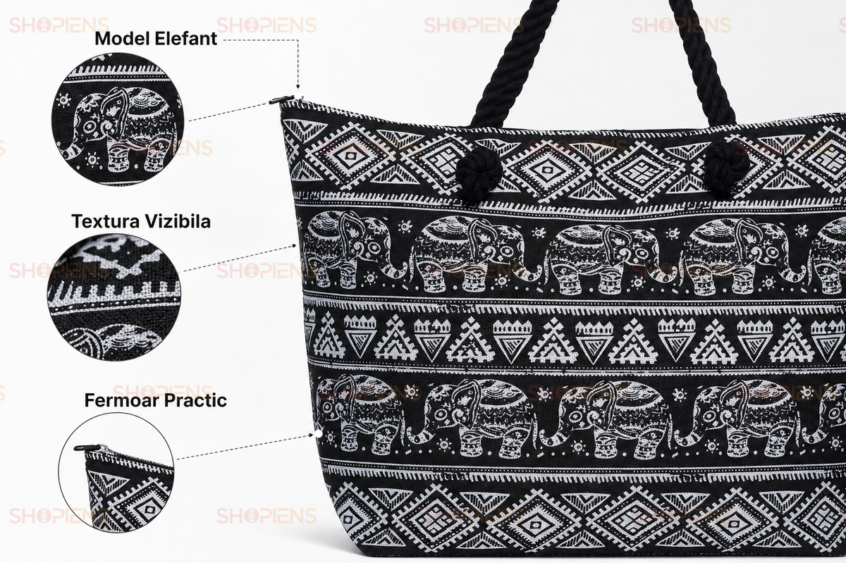 Shopper De Vara Negru Cu Elefanti Si Imprimeu Etnic