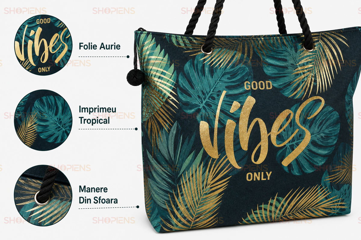 Geanta De Plaja Verde Good Vibes Cu Detalii Aurii