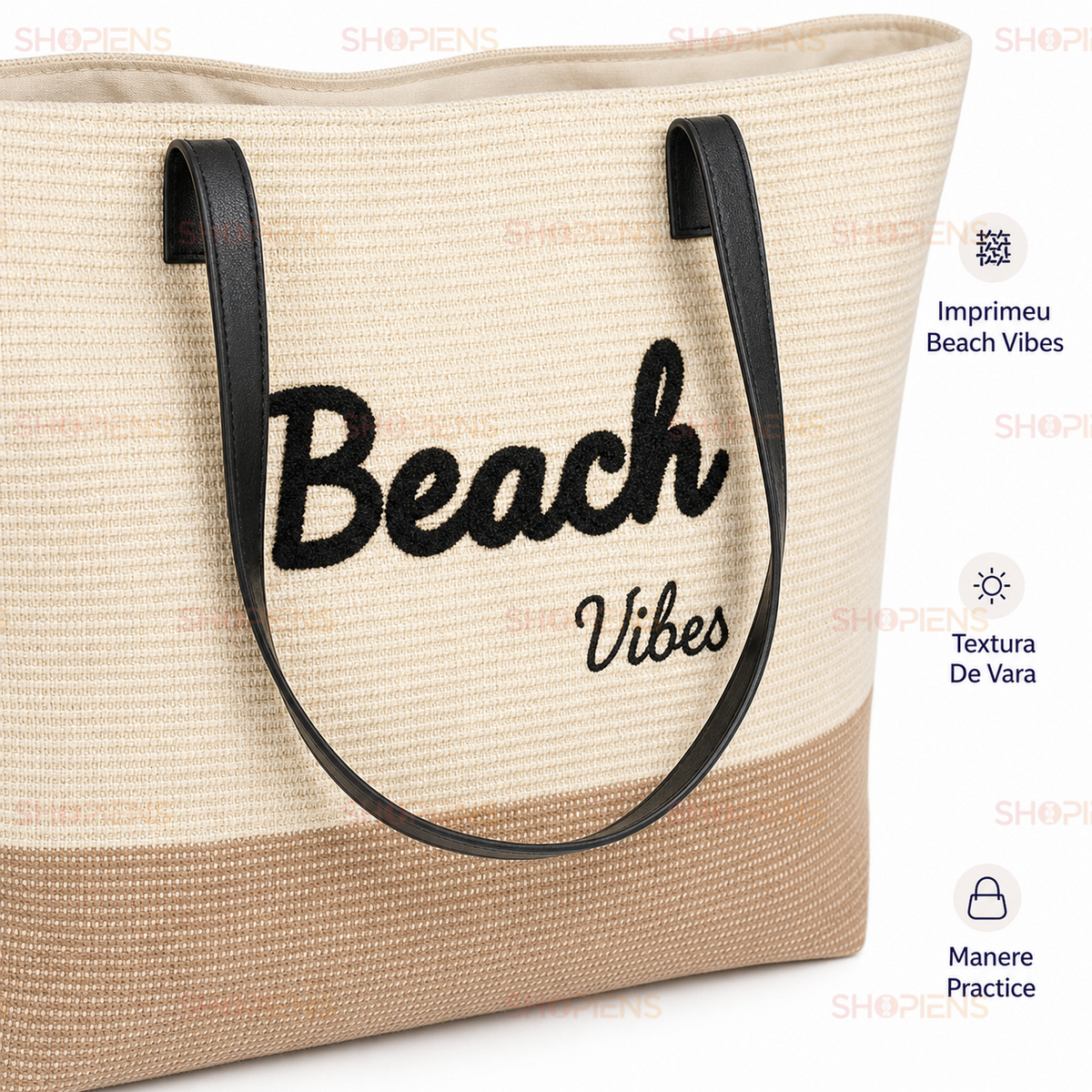 Geanta Mare De Plaja Beach Vibes Cu Baza Bej Si Manere Negre