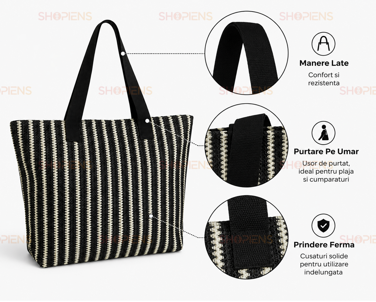 Tote De Plaja Negru Cu Linii Albe Si Manere Textile