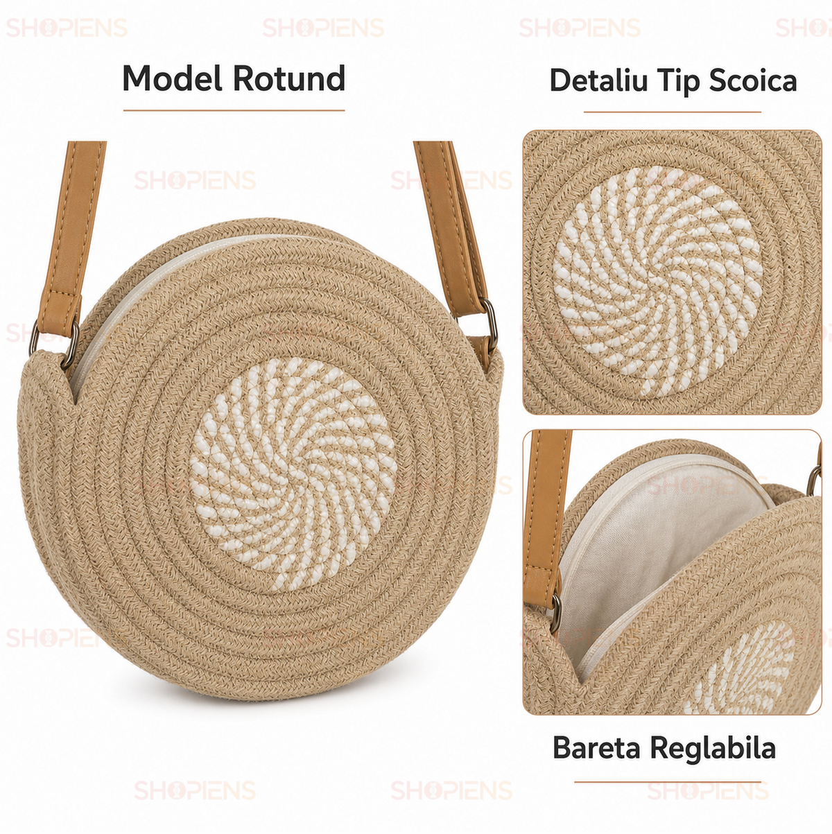 Geanta Crossbody Rotunda Din Paie Bej Cu Bareta Reglabila