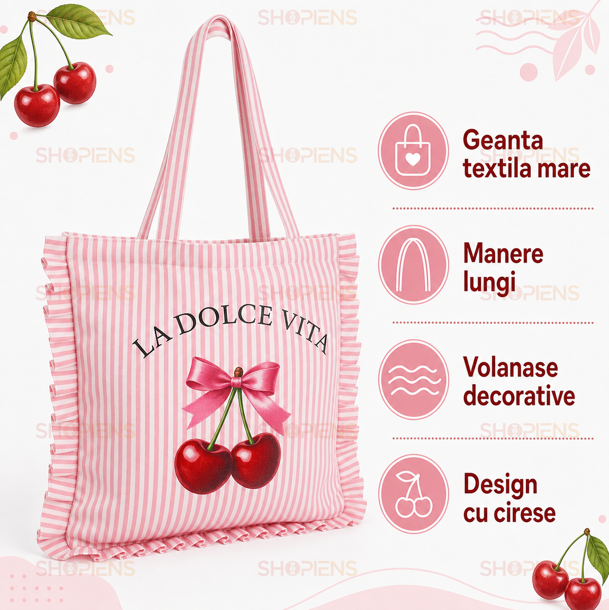 Geanta De Vara Roz Cu Cirese La Dolce Vita Si Volane Decorative