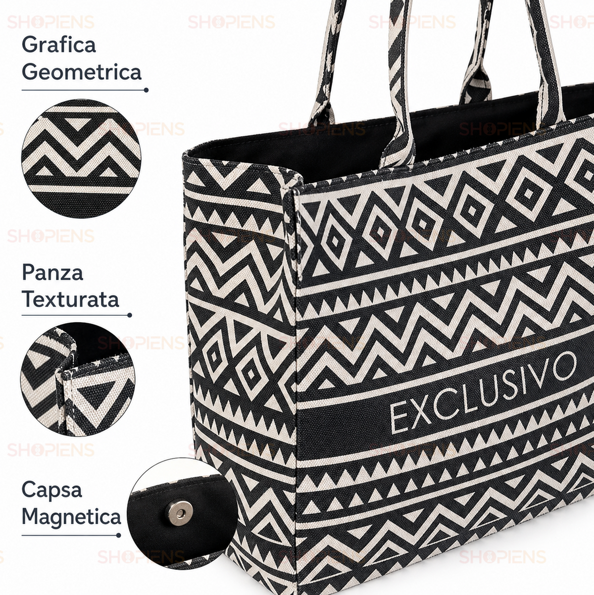Geanta Shopper Textila Neagra Cu Model Tribal Si Inchidere Capsa