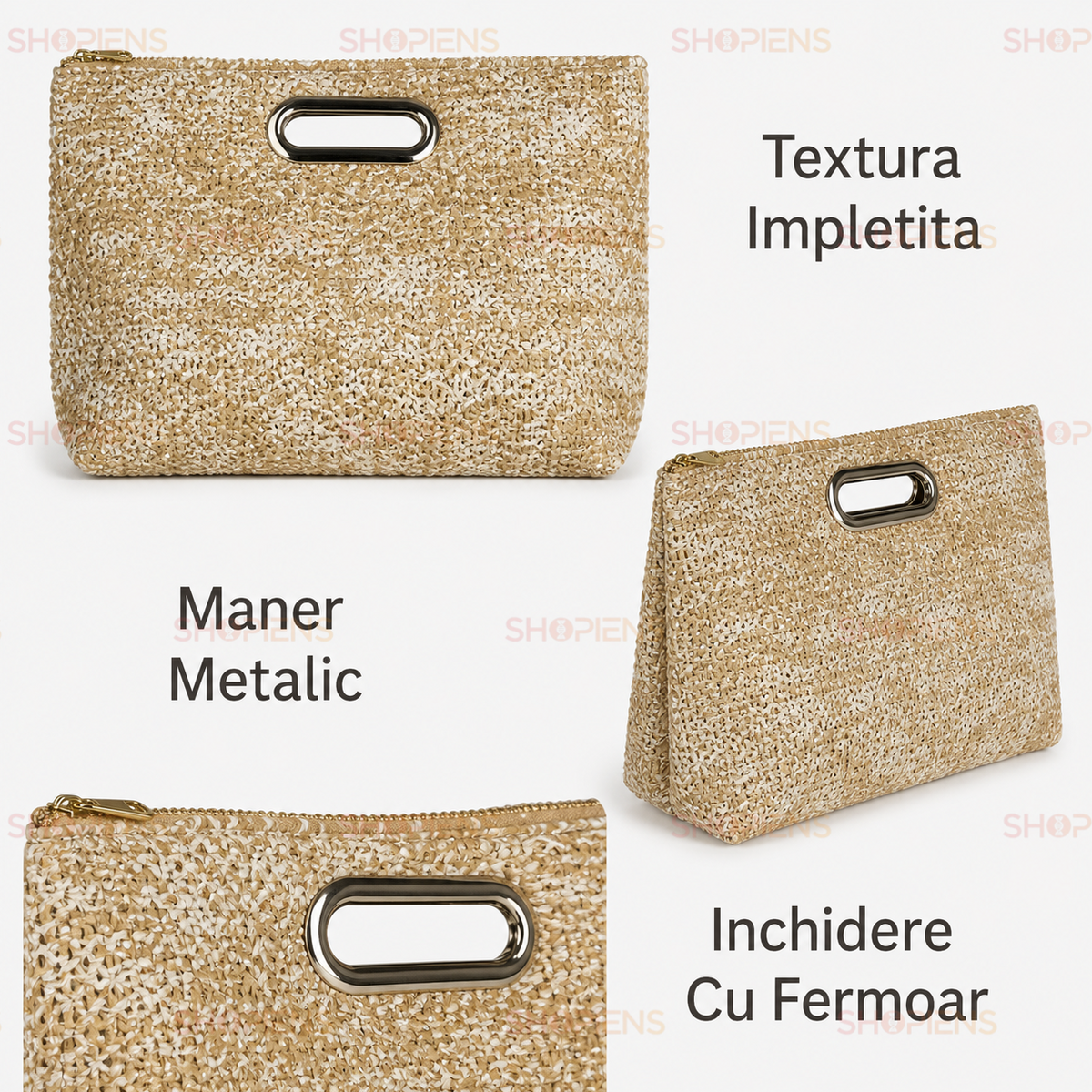 Geanta Plic Ecru Din Paie Cu Maner Metalic