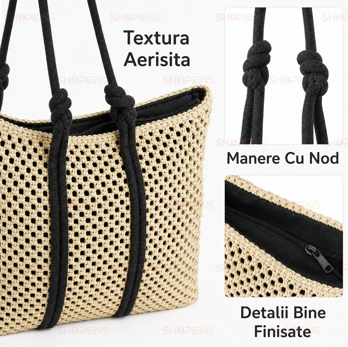 Geanta De Vara Ecru Din Paie Cu Manere Negre Innodate