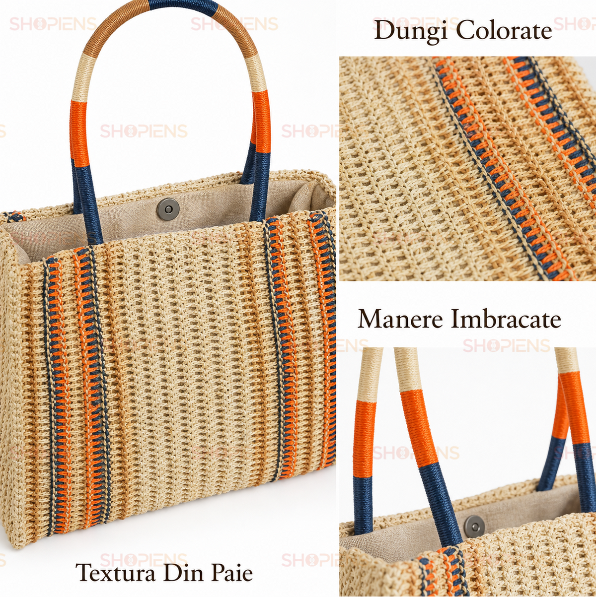 Shopper Estival Din Paie Bej Cu Dungi Colorate Si Manere Impletite