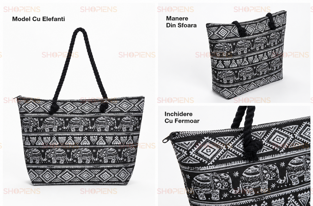 Shopper De Vara Negru Cu Elefanti Si Imprimeu Etnic