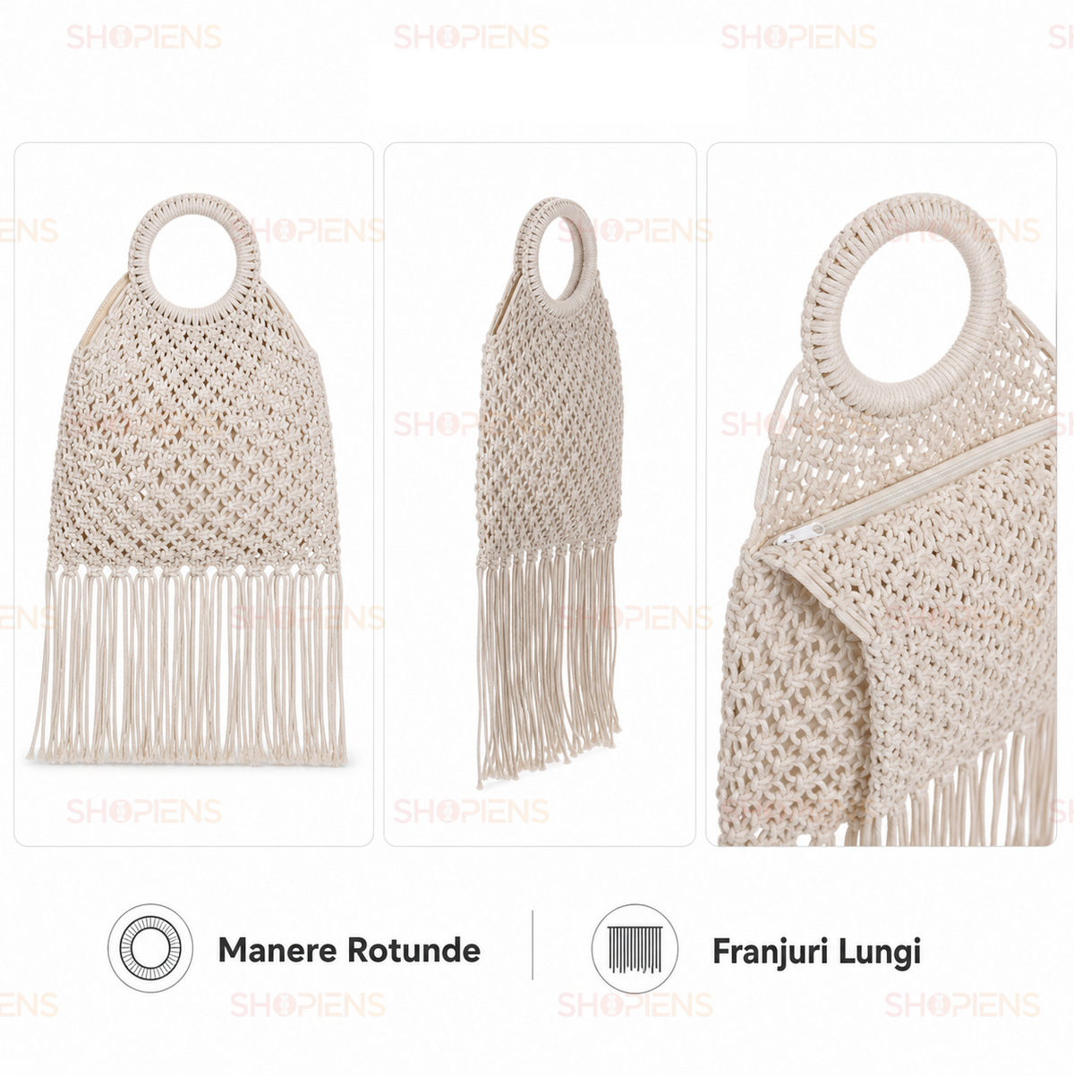 Poseta Macrame Ecru Cu Franjuri Lungi Si Maner Rotund