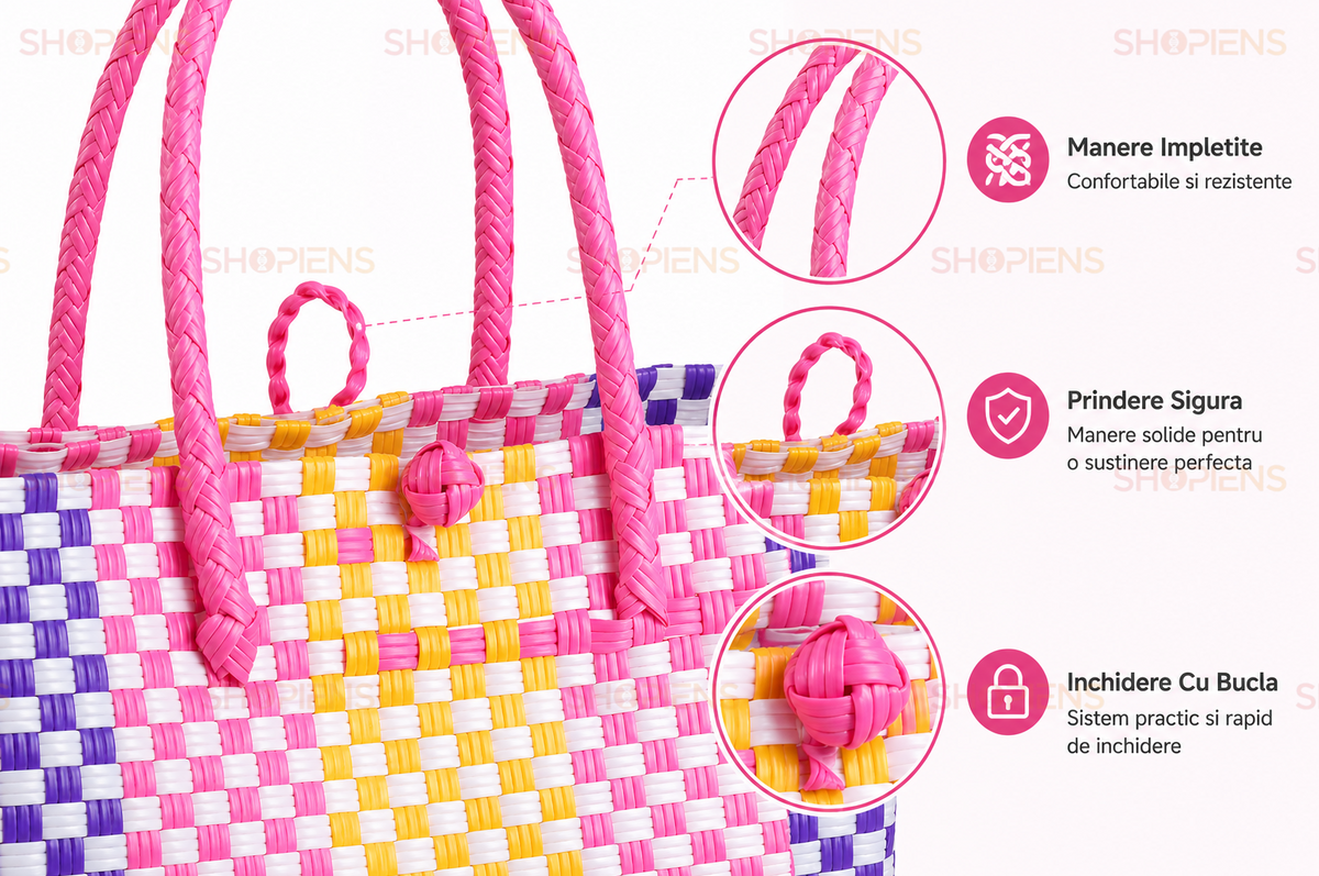 Geanta Tip Cos Multicolor Impletit Pentru Plaja Si Vara