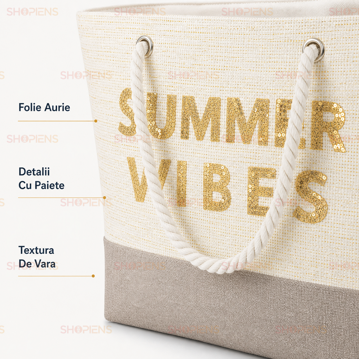 Geanta Plaja Bej Summer Vibes Cu Iuta Si Detalii Aurii