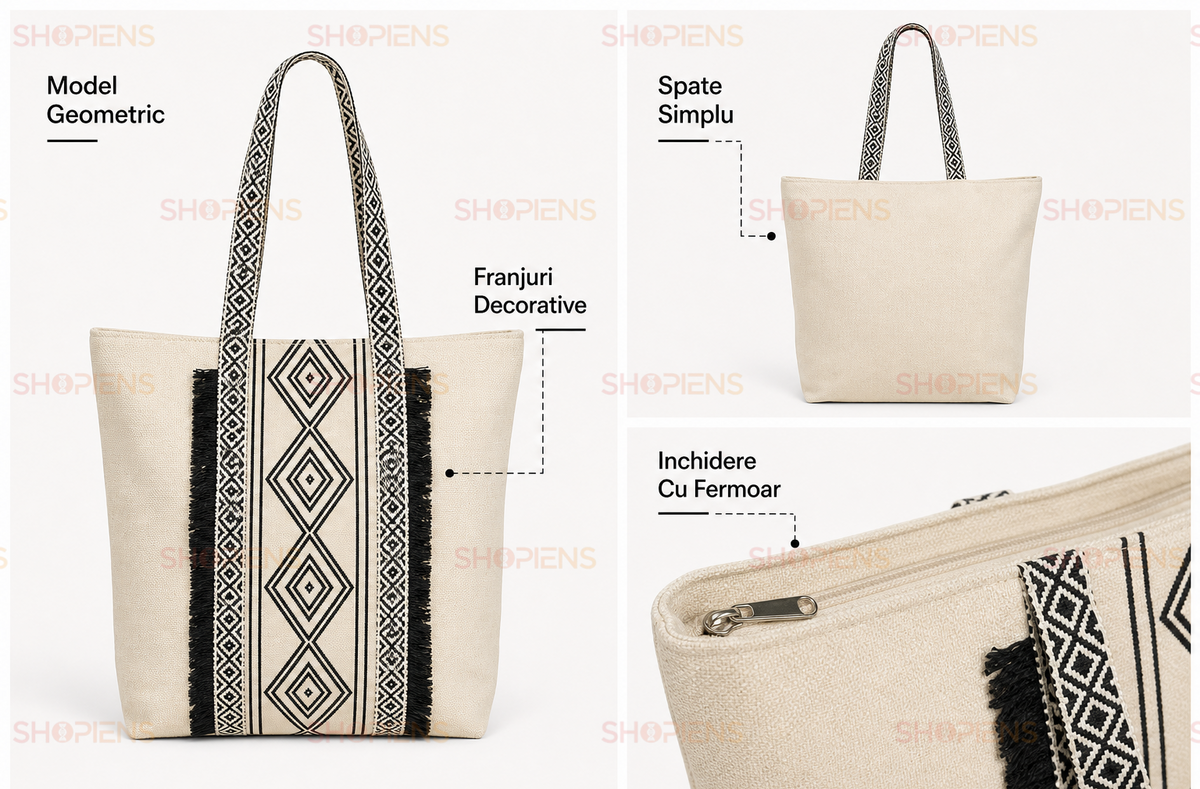 Tote Ecru Cu Model Geometric Negru Si Franjuri Laterali