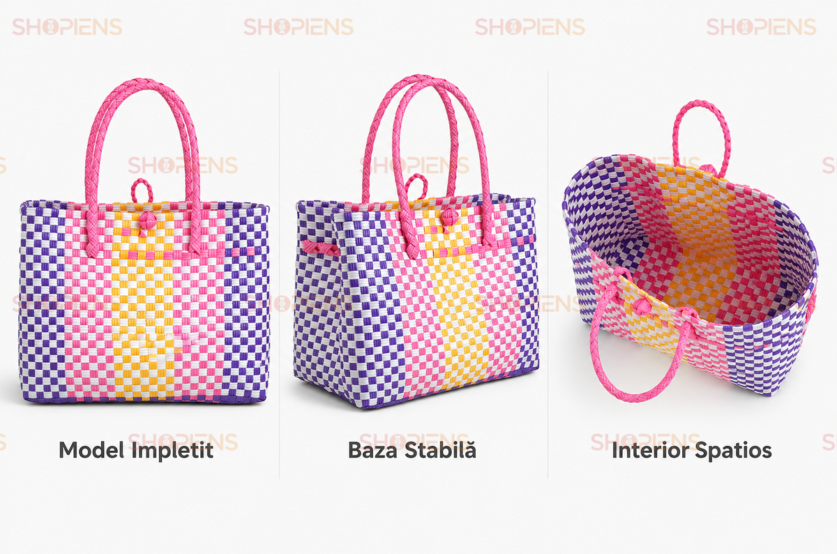Geanta Tip Cos Multicolor Impletit Pentru Plaja Si Vara