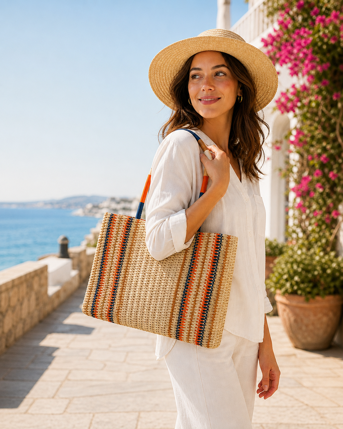 Shopper Estival Din Paie Bej Cu Dungi Colorate Si Manere Impletite