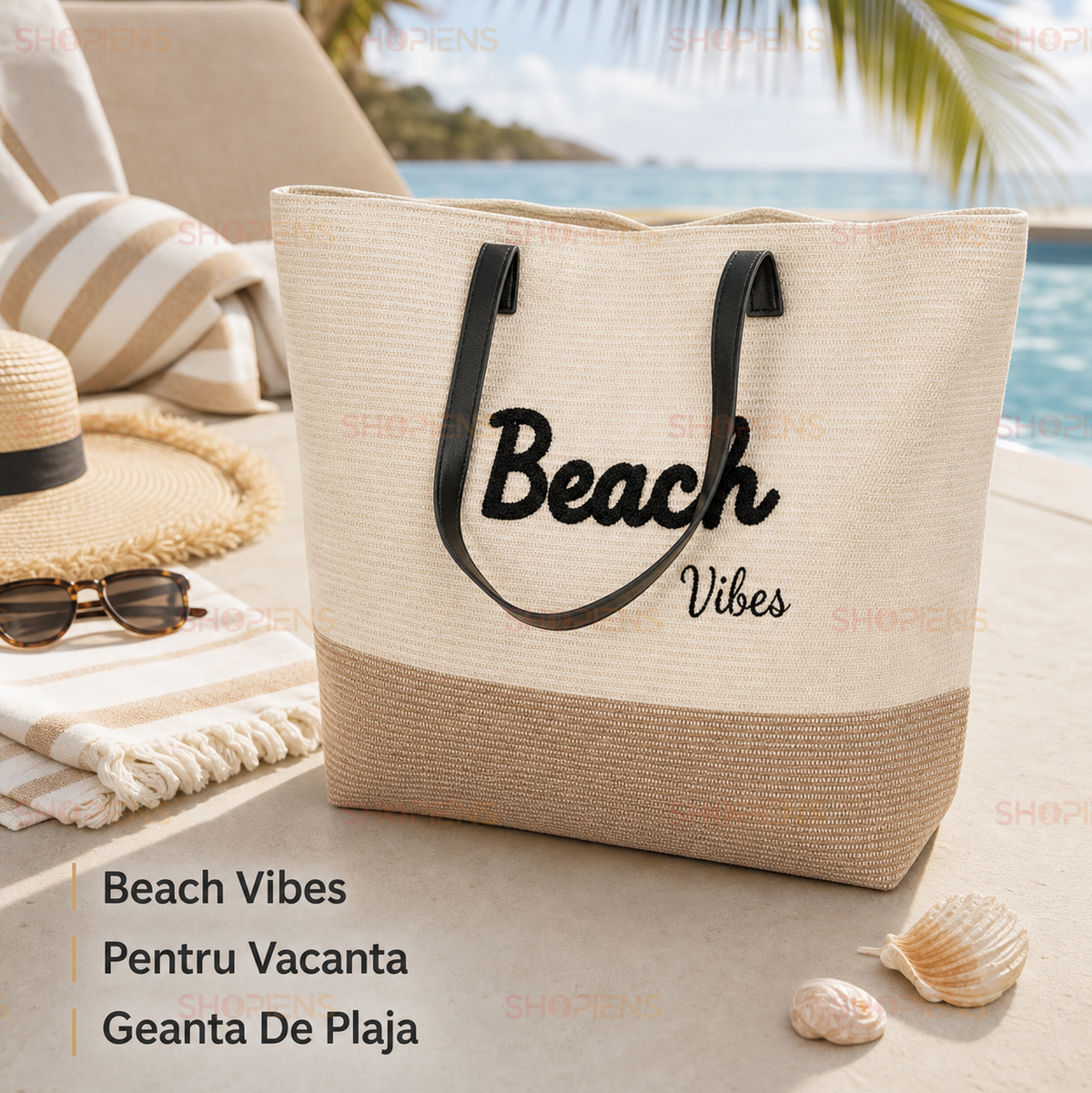 Geanta Mare De Plaja Beach Vibes Cu Baza Bej Si Manere Negre
