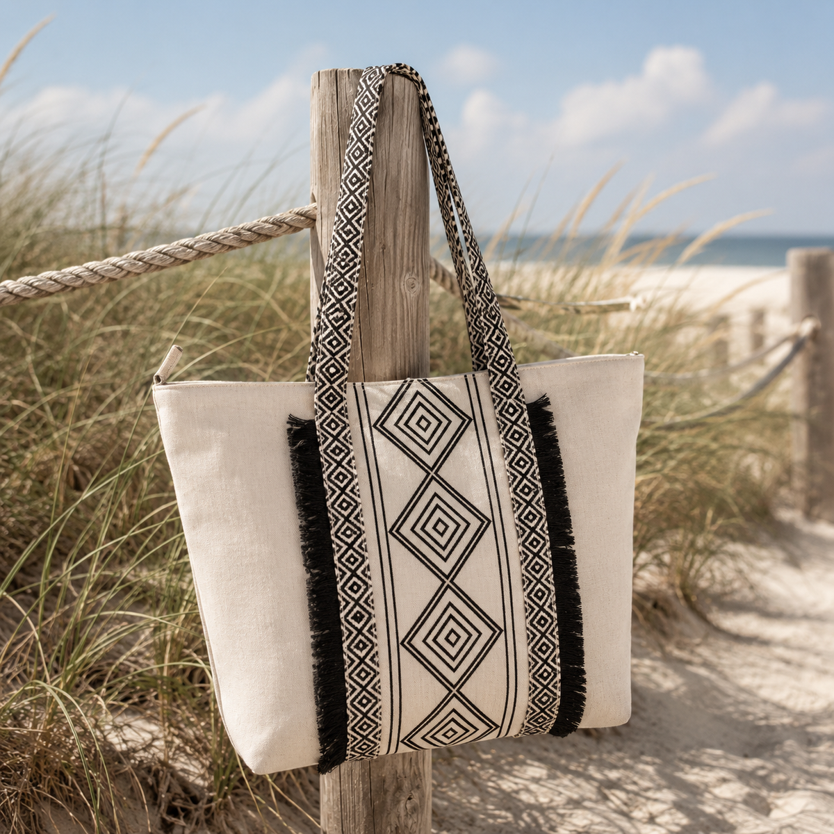 Tote Ecru Cu Model Geometric Negru Si Franjuri Laterali
