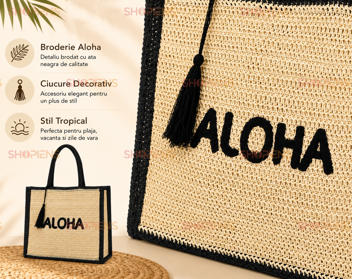 Geanta Aloha Din Paie Cu Contur Negru Si Ciucure