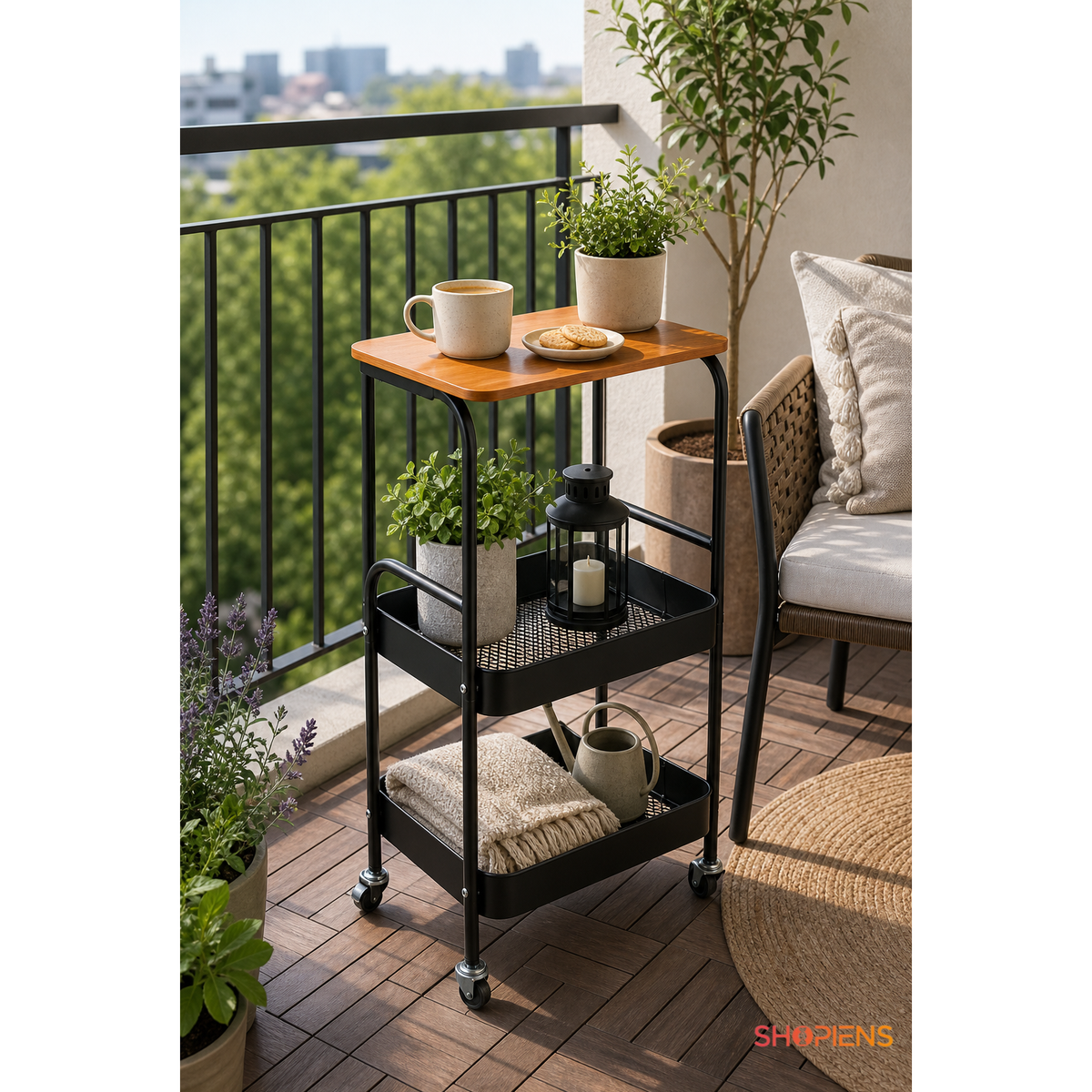Masa auxiliara cu roti si 2 rafturi, natur si negru, 42.5cm x 30cm x 76.5cm