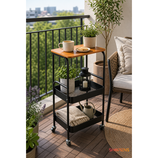 Masa auxiliara cu roti si 2 rafturi, natur si negru, 42.5cm x 30cm x 76.5cm