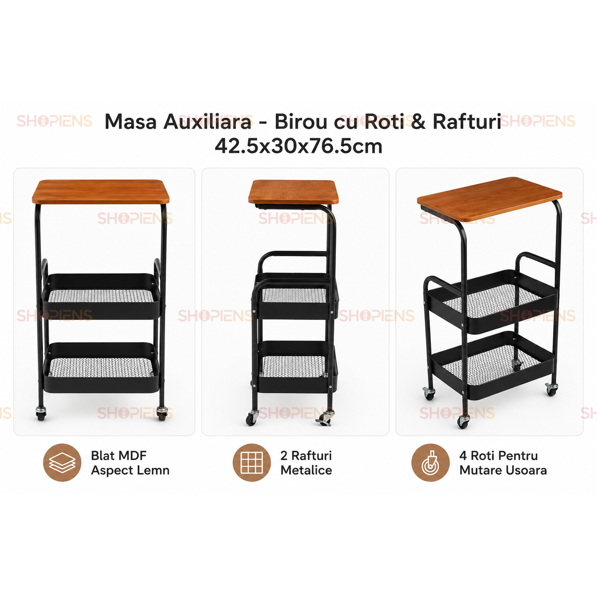 Masa auxiliara cu roti si 2 rafturi, natur si negru, 42.5cm x 30cm x 76.5cm