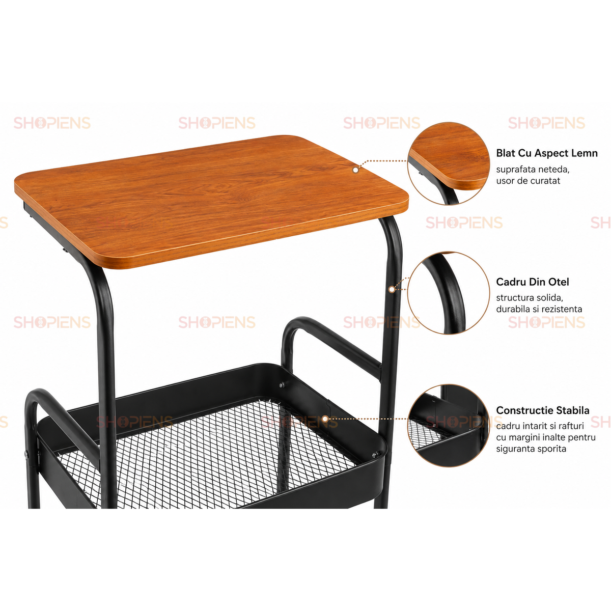 Masa auxiliara cu roti si 2 rafturi, natur si negru, 42.5cm x 30cm x 76.5cm