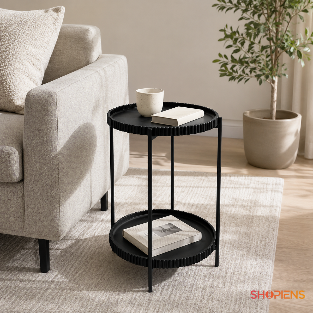 Masuta auxiliara cu 2 niveluri, negru, diametru 42cm, inaltime 52cm